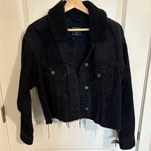 Black Denim Jacket with Shearling Collar